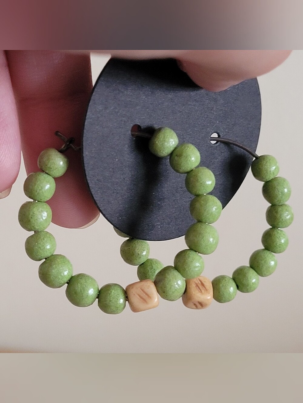 Vintage Green Wooden Beaded Hoop Earrings